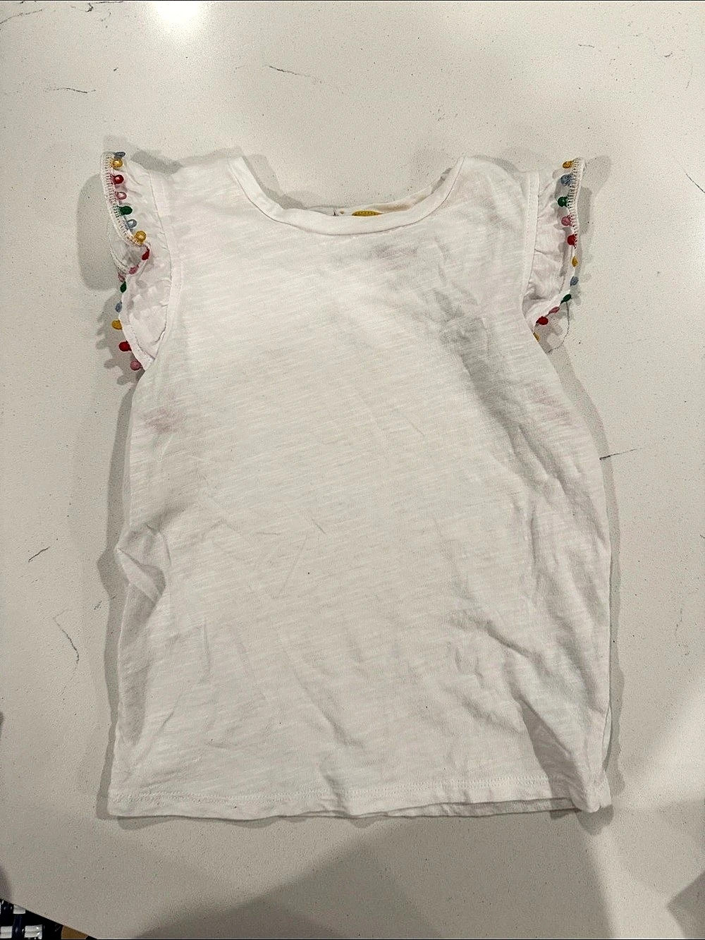 Mini Boden Pom Trim T-shirt Girls White Tank Top 5-6Y